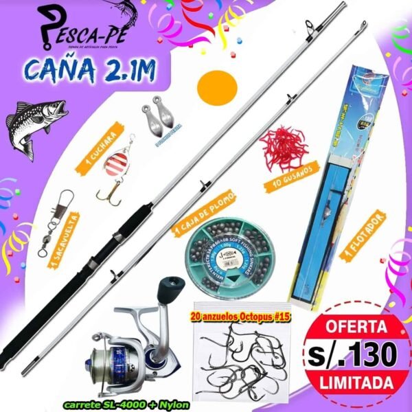 Kit Caña de Pescar 2.10m Crocodile Black Carrete SL-4000 + Nylon con Accesorios Ríos lagos