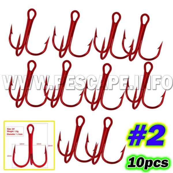 Anzuelo triple Alto en carbono Color Rojo #2 – 10pcs