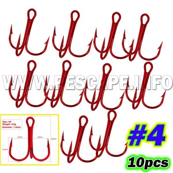 Anzuelo triple Alto en carbono Color Rojo #4 – 10pcs