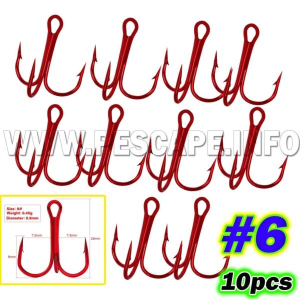 Anzuelo triple Alto en carbono Color Rojo #6 – 10pcs