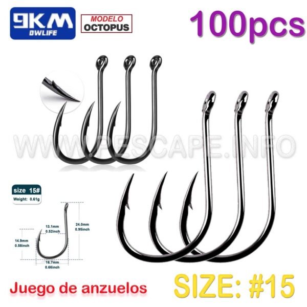Anzuelos de pesca 9KM Agua salada #15 Gap-13.1mm 100pcs