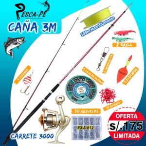 COMBO CAÑA DE PESCAR CROCODILE RED 3.0M CAÑA 2 CUERPOS CARRETE 3000