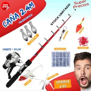 Combo caña de pescar 2.4m para playas lagunas telescópico CARRETE SL-500 + NYLON