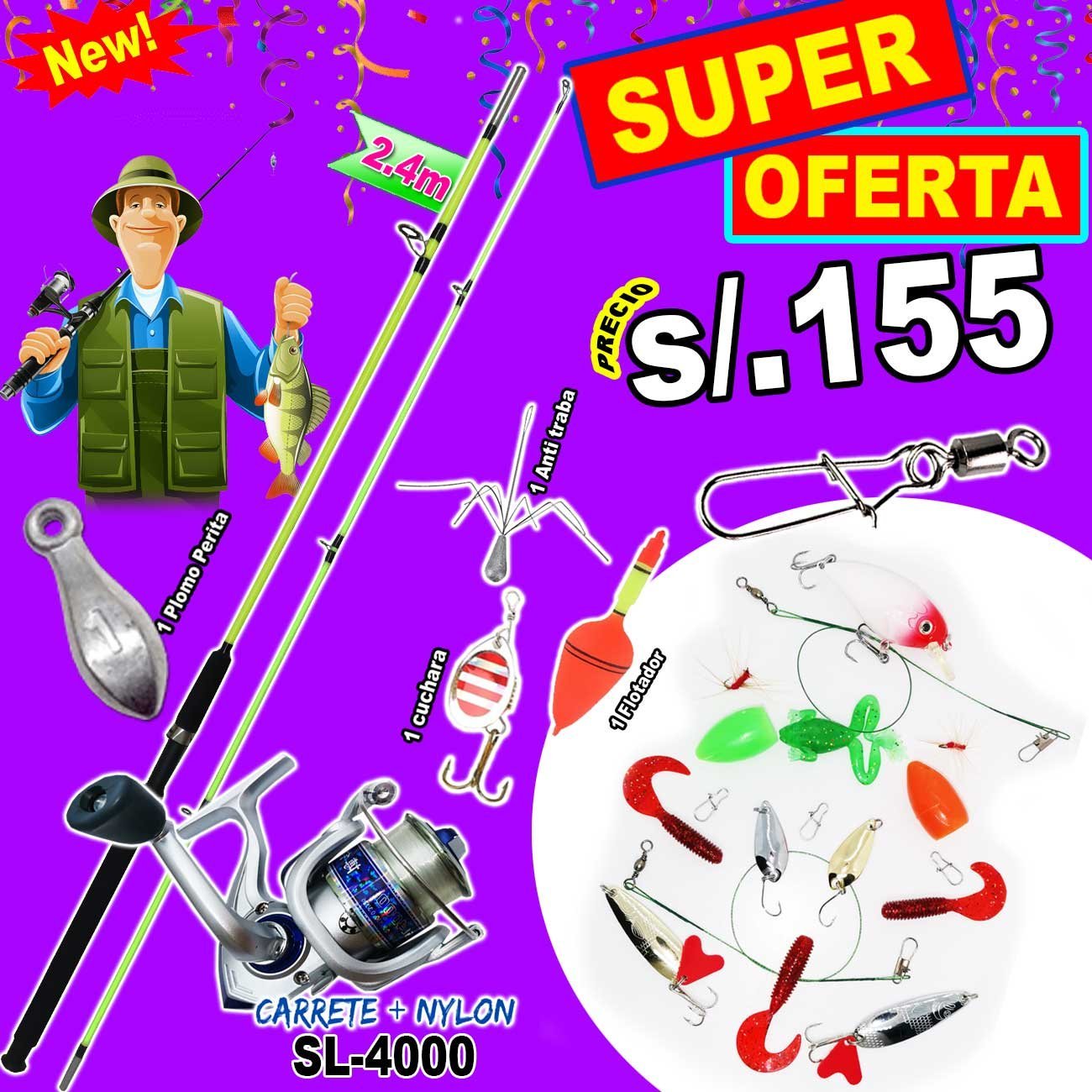 Combo caña de Pescar 2.40m Crocodile Carrete SL-4000 + Nylon Completo Cucharas Vinilos Rana