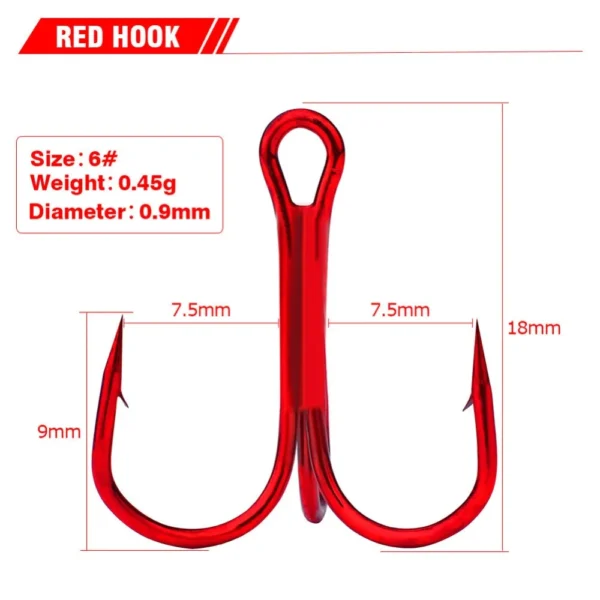 Anzuelo triple Alto en carbono Color Rojo #6 – 10pcs - Imagen 2