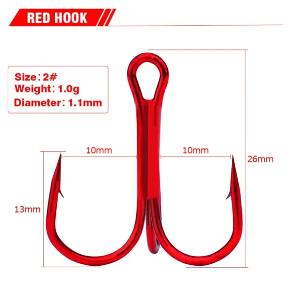 Anzuelo triple Alto en carbono Color Rojo #2 – 10pcs - Imagen 2