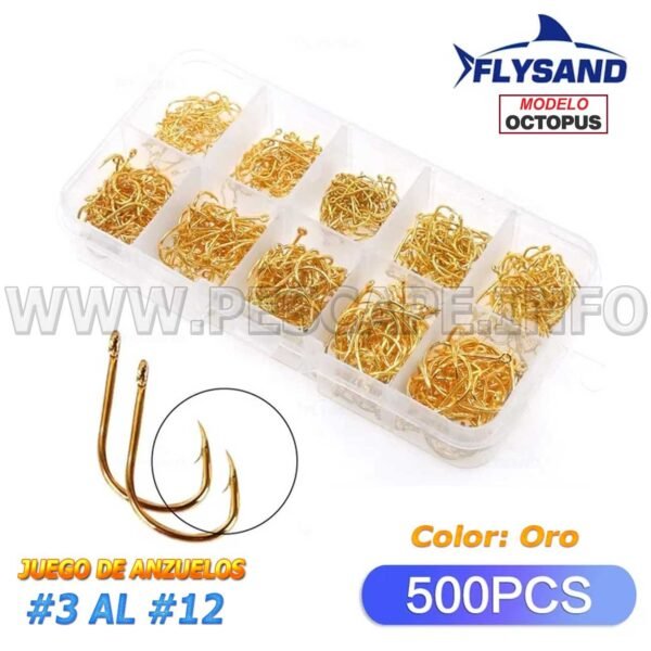 Kit 500 Anzuelos Dorados Flysand Acero Al Carbono Agua Salada Dulce 10 Tamaños (500PCS) Ind. Pack