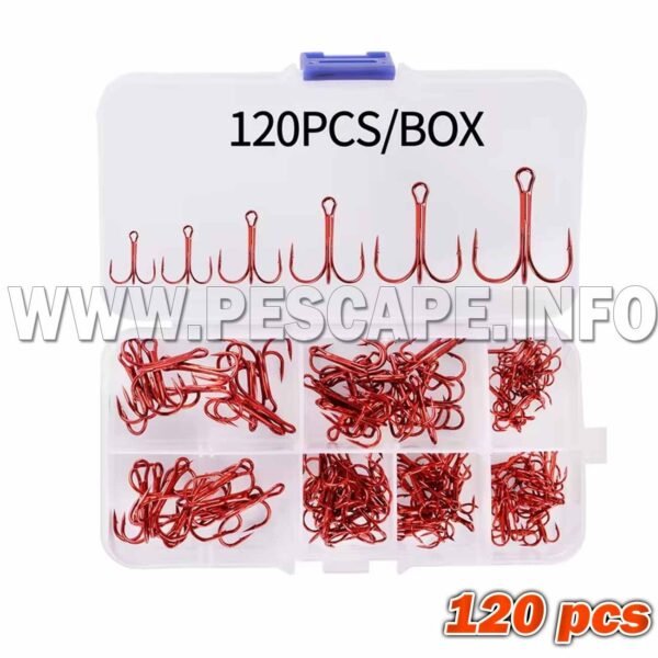 Set Anzuelos de pesca triples 120 unidades acero alto de carbono | Rojo Box