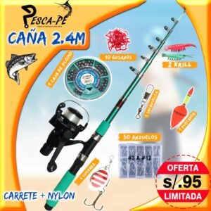 Set caña de pescar completo 2.4m telescopico carrete + nylon con accesorios trucha playa