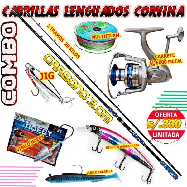 Combo caña carbono 3.0m Corvina Lenguados Señuelos vinilos Jig 40g | Mix2