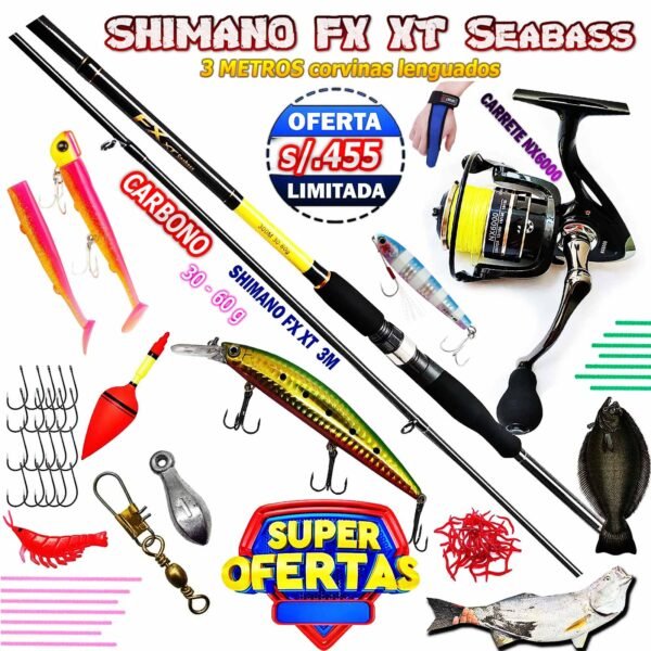 MegaCombo Caña de Pescar Shimano® FX XT 3.0M Seabass Carrete NX6000 Metal Spinning FXKILLER