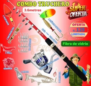 MegaCombo Caña de pescar 3.6m Telescópico Carrete SL-5000 RED RIO LAGUNAS
