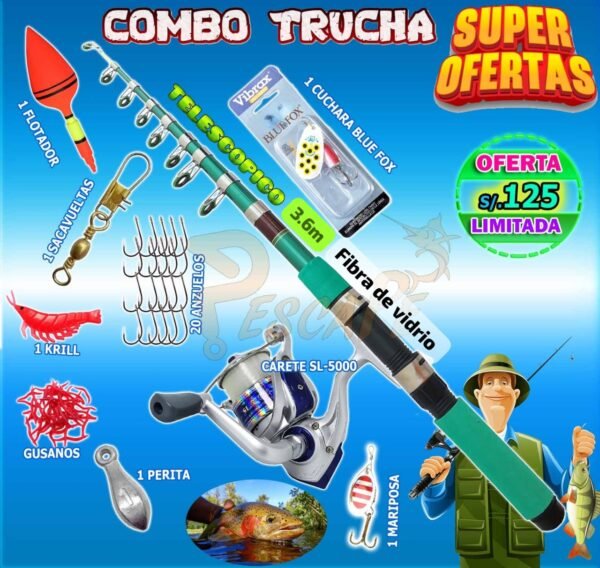 Combo Caña de pescar 3.6m Telescópico Carrete SL-5000 Green Blue FOX RÍOS LAGUNAS
