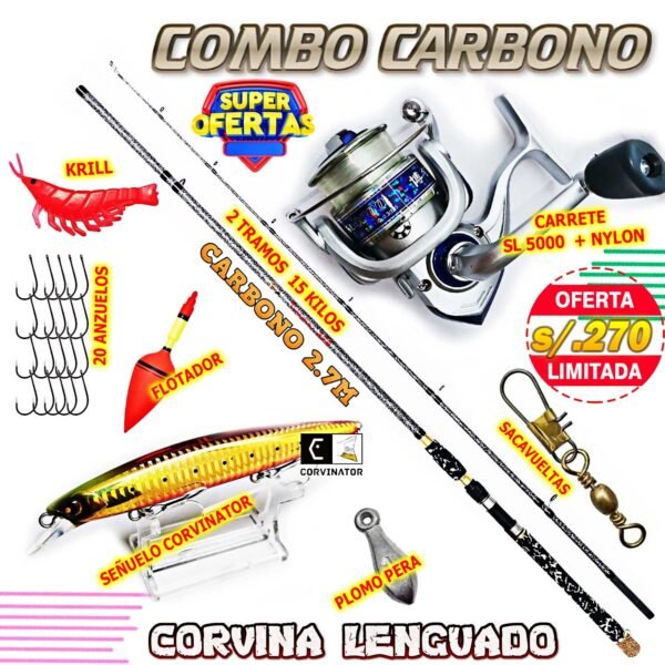 Combo caña Fibra de carbono 2.7m Corvina Carrete SL-5000 Lenguados Mix4