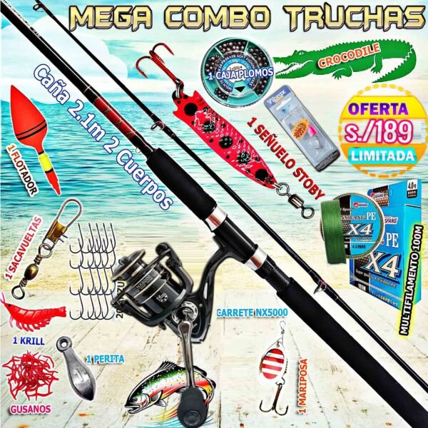 MegaCombo Caña de Pescar Crocodile® 2.10m Carrete NX5000 7kg + Accesorios Killer2.1
