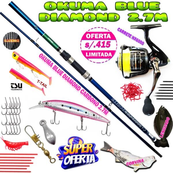 MegaCombo Okuma Blue Diamond 2.7m Carbono Carrete 6000 PescaPe® DiamondKILLER