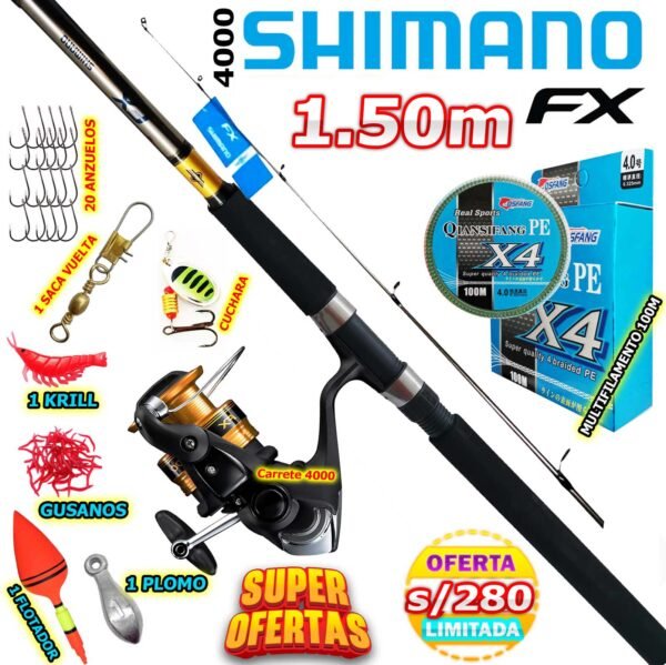 MegaCombo Shimano® FX ULTRALIGHT 1.5m Trucha Carrete FX4000 8.5kg Accesorios FXKILLER1.5