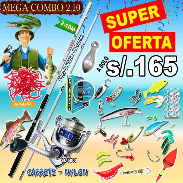 Combo Caña de Pescar 2.10m Crocodile 2 Cuerpos Carrete SL-5000 Fibra de vidrio Accesorios