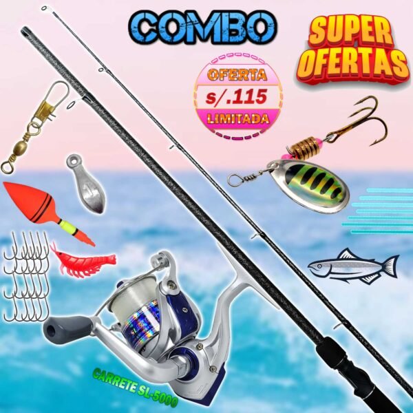 Combo caña de Pescar 2.4m Spinning Laguna Ríos Hibrido Camuflado Carrete 5000 + Nylon Accesorios