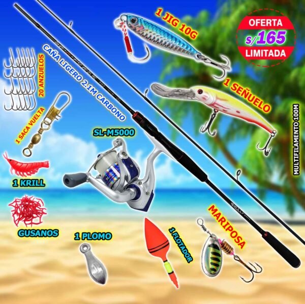 Combo caña de Pescar Light 2.10m Spinning Laguna Ríos pesca ligera Carrete 5000