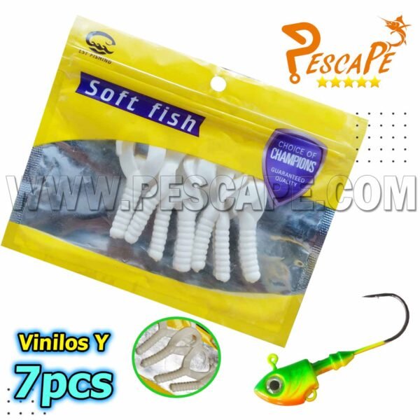 Vinilo de pesca cola Y Soft Lure Cabrillas Robalos Blanco 7pc + Jig