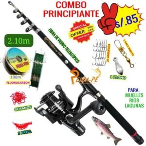 COMBO CAÑA DE PESCAR 2.10M TELESCÓPICO RIO LAGUNAS CB4000 ACCESORIOS