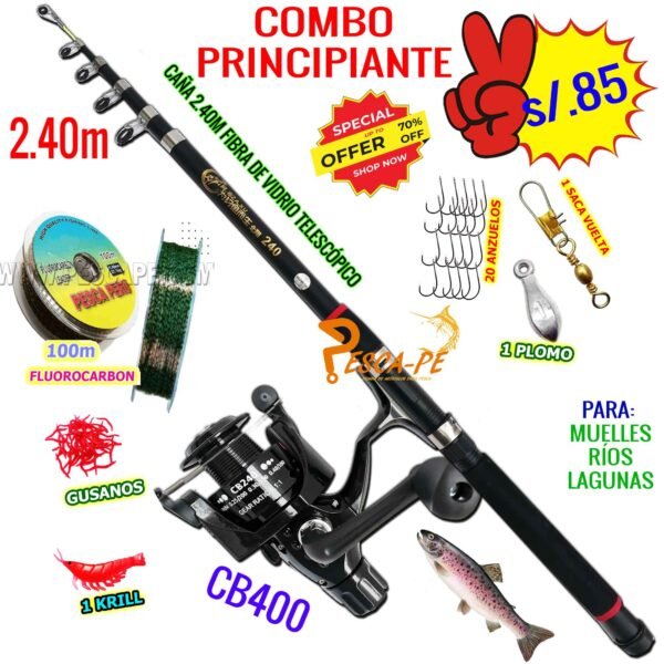 COMBO CAÑA DE PESCAR 2.40M TELESCÓPICO RIO LAGUNAS CB4000 ACCESORIOS