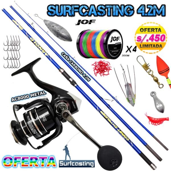 Combo Caña de Pescar ARNOLD SurfCasting 4.2m Carbono Carrete DEUKIO METAL AC8000 + ACCESORIOS