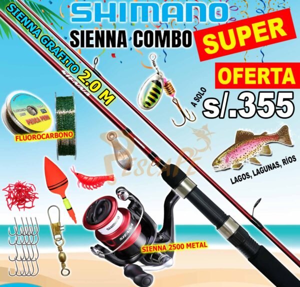 Combo caña de Pescar Shimano Sienna 2500 FG Caña Grafito 2.0m Para Truchas Con accesorios