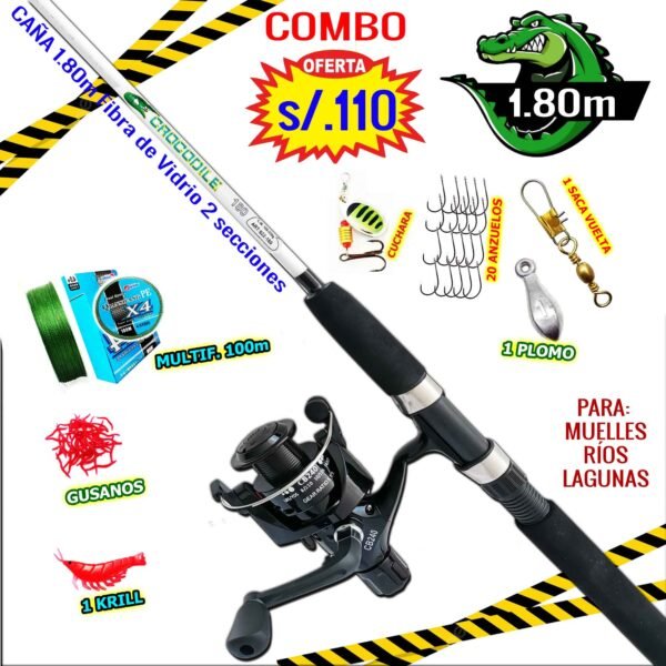 Equipo Combo Caña de pescar Cocodrilo 1.80m Carrete CB240 con accesorios