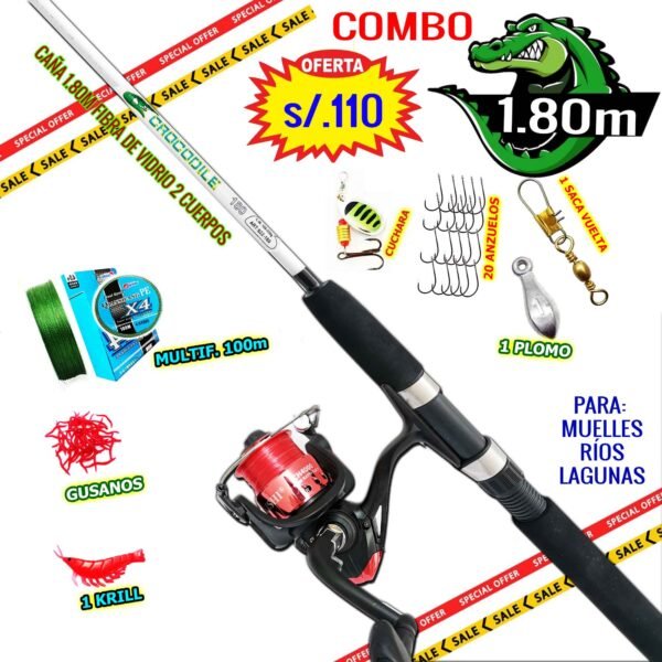 Equipo Combo Caña de pescar Cocodrilo 1.80m Carrete CH4000 Red con accesorios