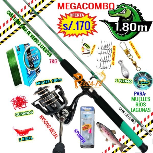 Combo Caña de pescar Cocodrilo 1.80m Verde Mejorada Carrete NX5000 Metal con accesorios