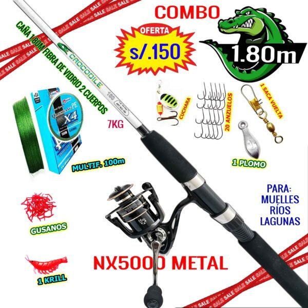 Equipo Combo Caña de pescar Cocodrilo 1.80m Carrete NX5000 Metal con accesorios