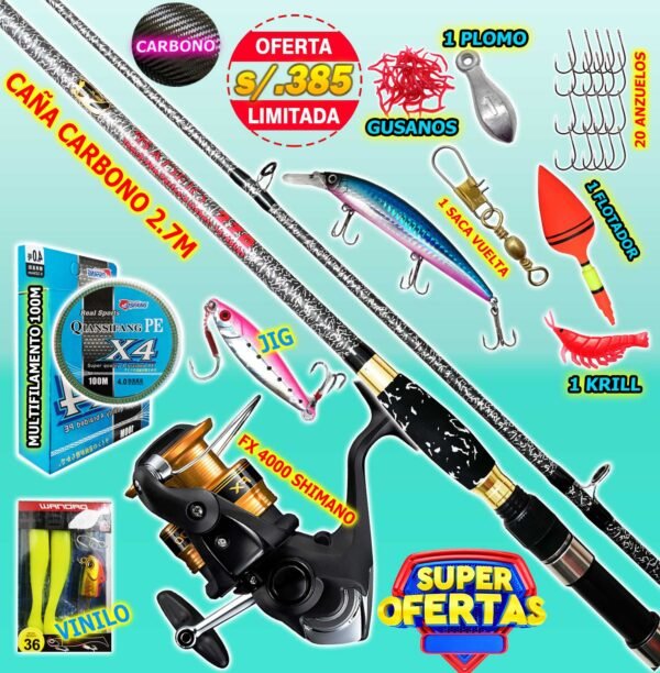 MegaCombo Caña Carbono BADEJO® 2.7m Carrete Shimano FX 4000 Señuelo Jig Accesorios BADEJOKiller