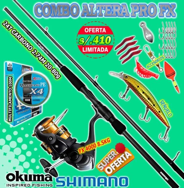 MegaCombo Caña OKUMA Altera PRO Fibra de Carbono Spinning 2.74m Carrete Shimano FX 8.5kg Accesorios