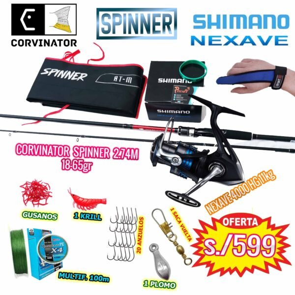 MegaCombo Caña de Pescar Corvinator 2.74m Spinner Carrete Shimano Nexave 4000 con accesorios