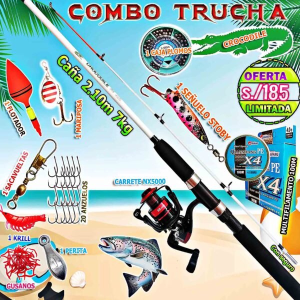MegaCombo Caña de Pescar Crocodile® 2.10m Carrete BR-4000 + Accesorios