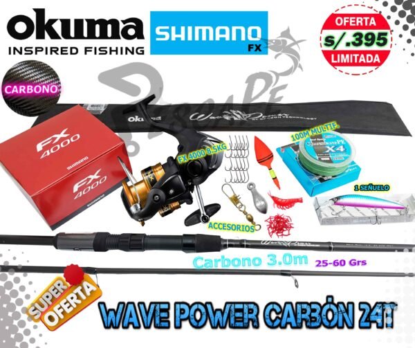 MegaCombo Caña de Pescar Okuma Wave Power Carbón 24T 25-60gr 30T Carrete FX 4000 Señuelo Accesorios