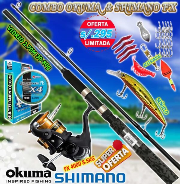 MegaCombo Caña de Pescar Okuma X-SPOT 2.70m Carrete Shimano FX 4000 8.5kg + Accesorios