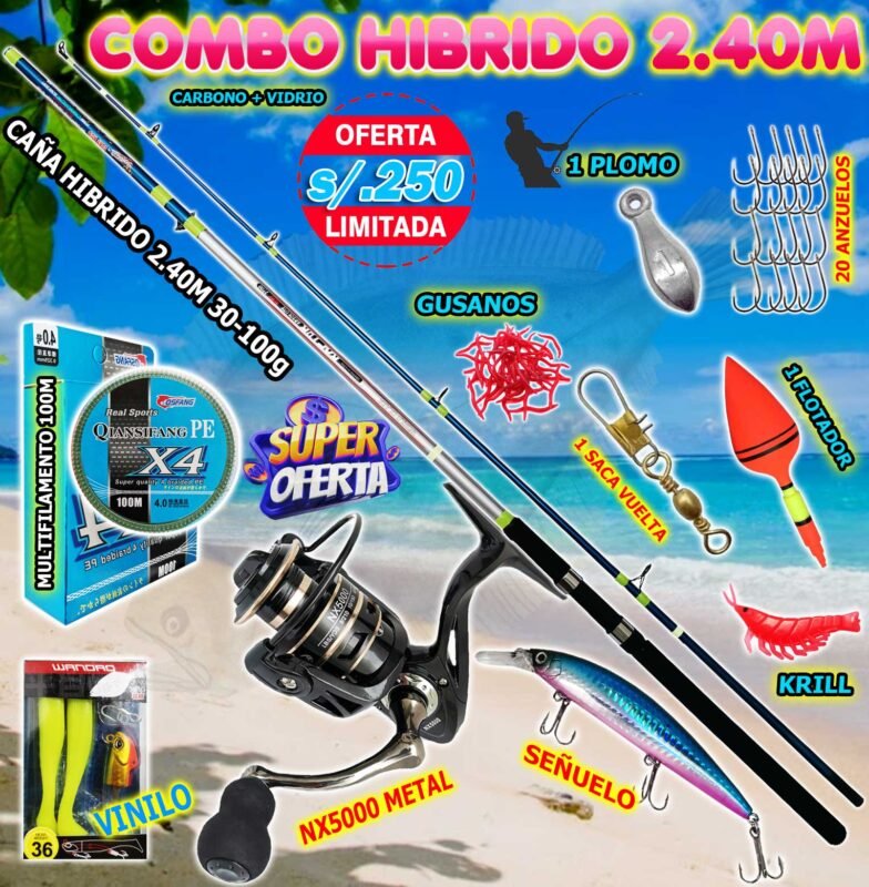 Bote Raptor 2 MegaCombo Caña de Pescar Raptor 2.40M hybrid Carbon Glass Carrete ...
