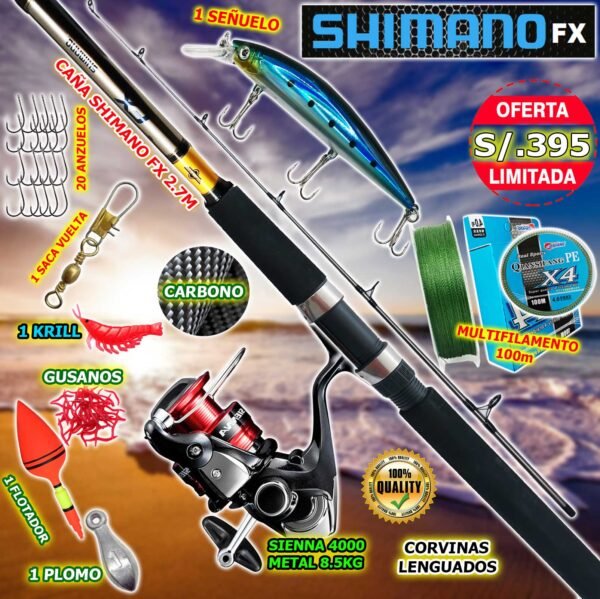 MegaCombo Caña de Pescar SHIMANO FX 2.7M Carrete Shimano Sienna 4000 Metal 8.5kg Señuelo Multifilamento