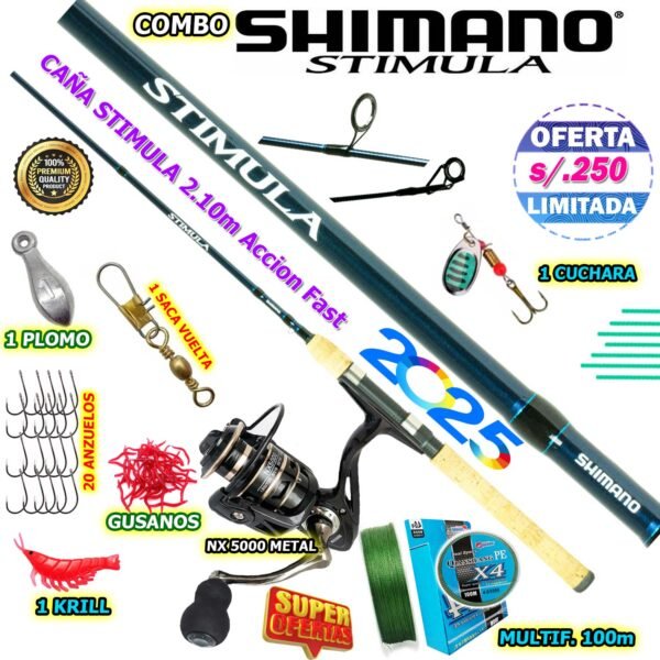 MegaCombo Caña de Pescar SHIMANO® Stimula 2.10m Carrete NX5000 7kg Truchas + Accesorios