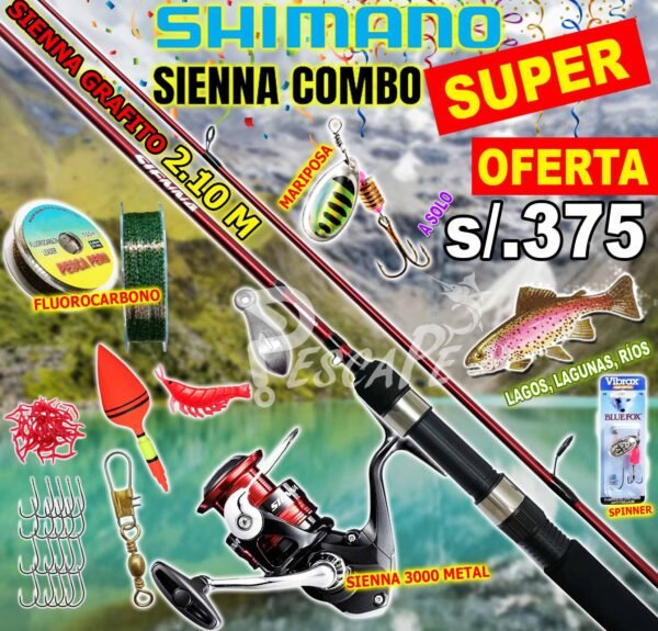 MegaCombo Caña de Pescar Shimano Sienna 3000 Caña Grafito 2.10m Para Laguna Bote Con accesorios