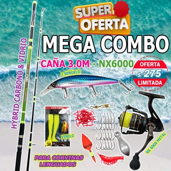 MegaCombo Lenguado 3.0m Surf Hibrido Carbon Glass 50-150g Carrete 6000 vinilos Señuelo