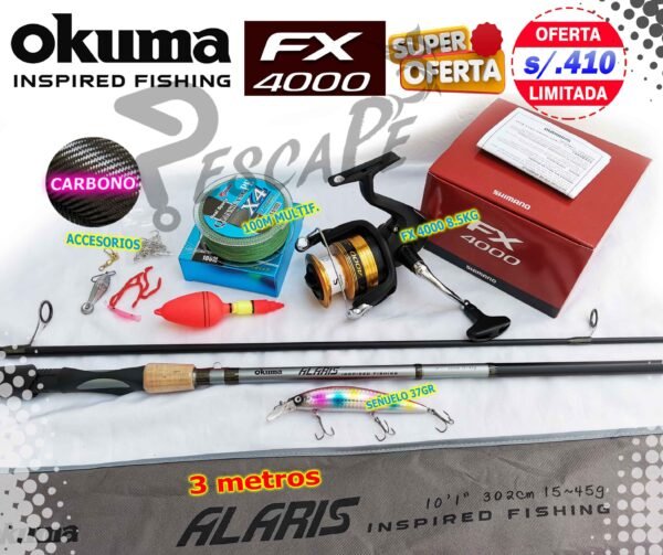 MegaCombo Okuma Alaris Fibra de Carbono 3.0m Shimano FX 4000 Spinning 8.5KG Accesorios