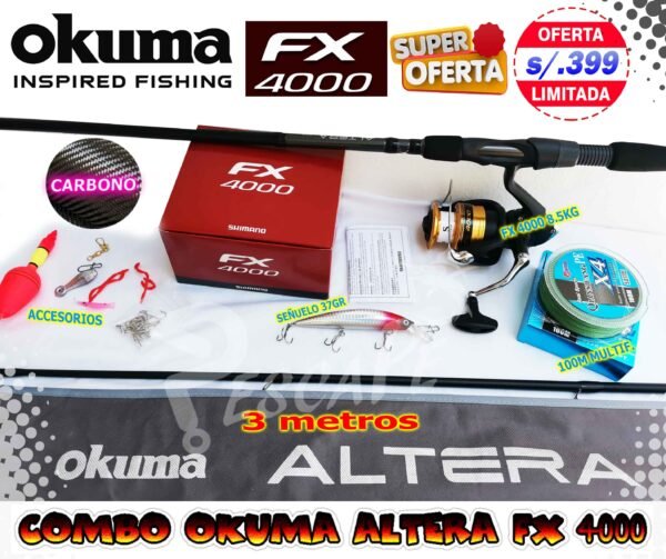 MegaCombo Okuma Altera Fibra de Carbono 3.0m Shimano FX 4000 Spinning 8.5KG Accesorios