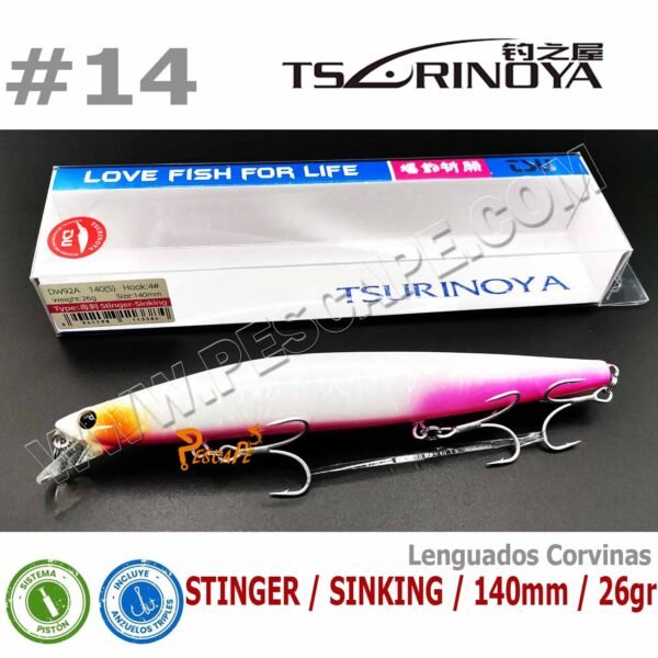 Señuelo Tsurinoya Stinger 140S SW92Q Sinking 14cm 26gr Corvina Lenguado Color14