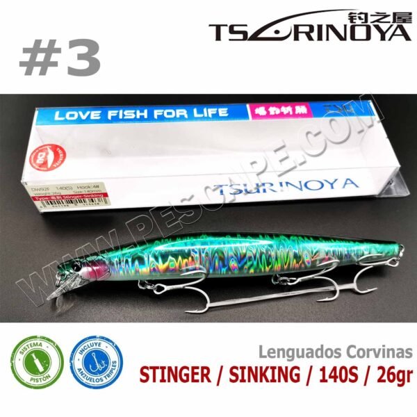 Señuelo Tsurinoya Stinger 140S SW92Q Sinking 14cm 26gr Corvina Lenguado Color3