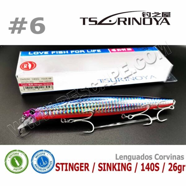 Señuelo Tsurinoya Stinger 140S SW92Q Sinking 14cm 26gr Corvina Lenguado Color6