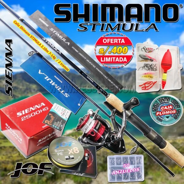 MegaCombo Caña de Pescar Shimano® Stimula 2.10m 7-14g Carrete Sienna 2500HG Red Lagunas + Accesorios